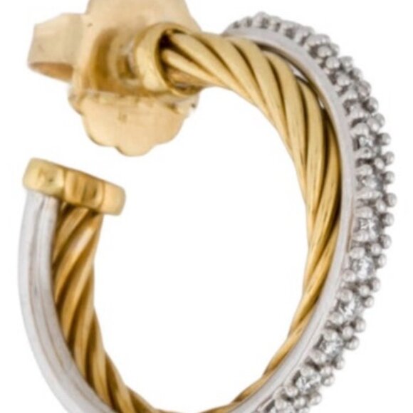 DAVID YURMAN 18K YELLOW GOLD & WHITE GOLD DIAMOND 0.51 CROSSOVER HOOP EARRINGS - Picture 4 of 7